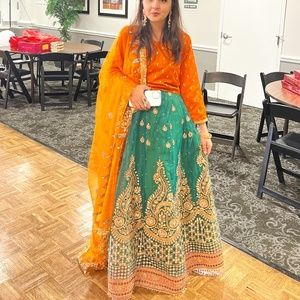 Indian heavy embroidered lehnga Emerald green and Orange. 3 piece. Cancan Includ